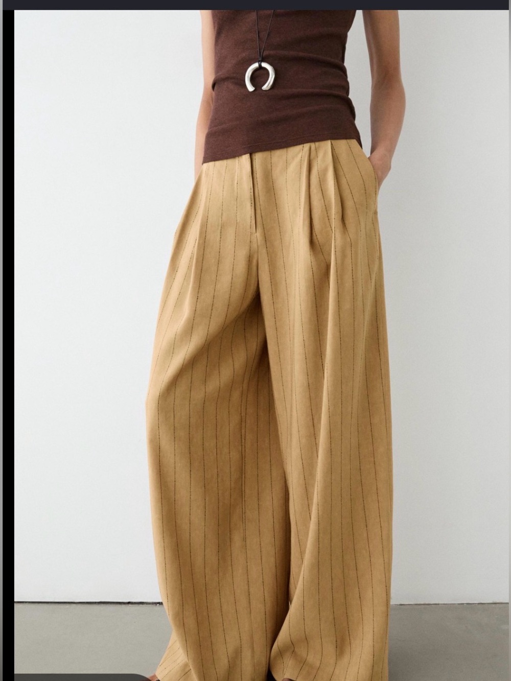 Massimo Dutti Camel Pinstripe Wide-Leg Trousers